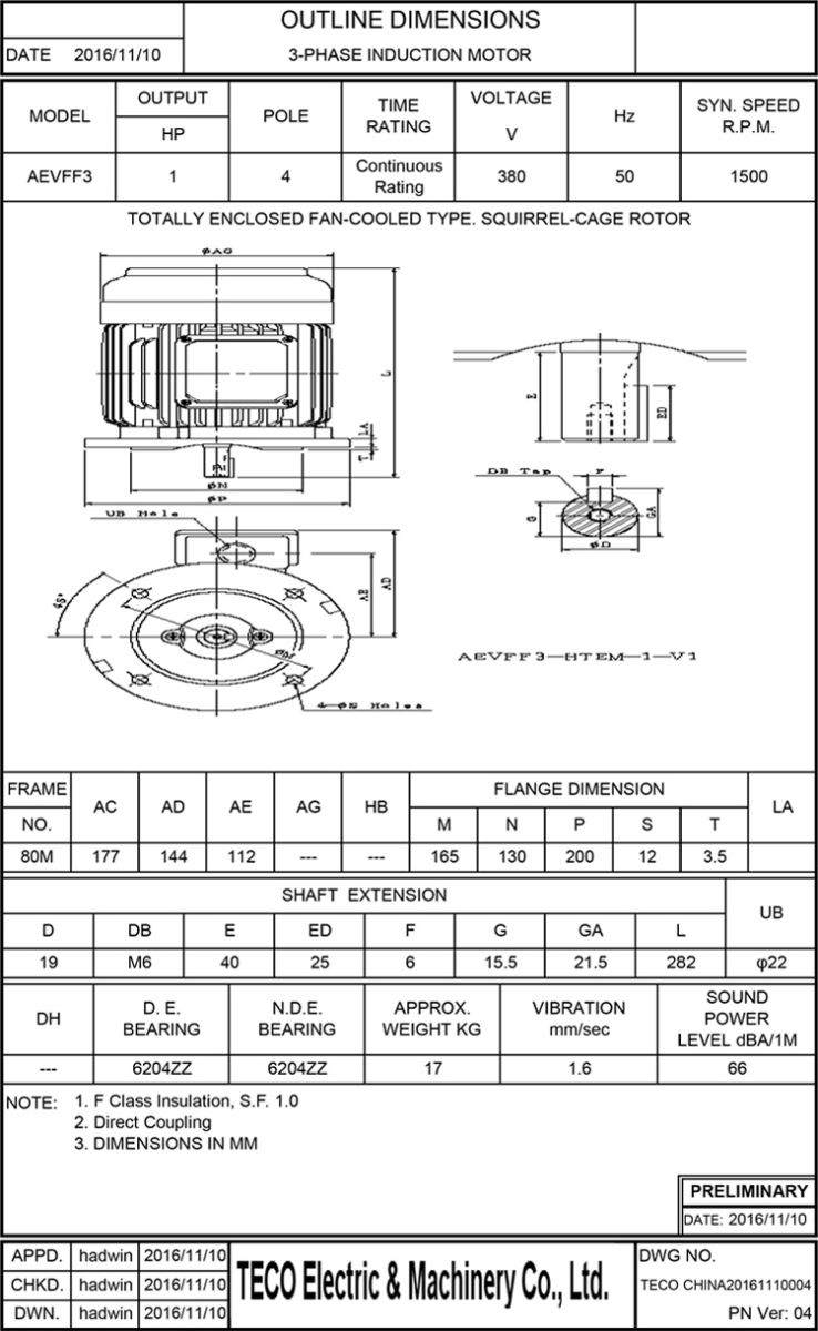 东元AEVF 1HP 4P电机尺寸图