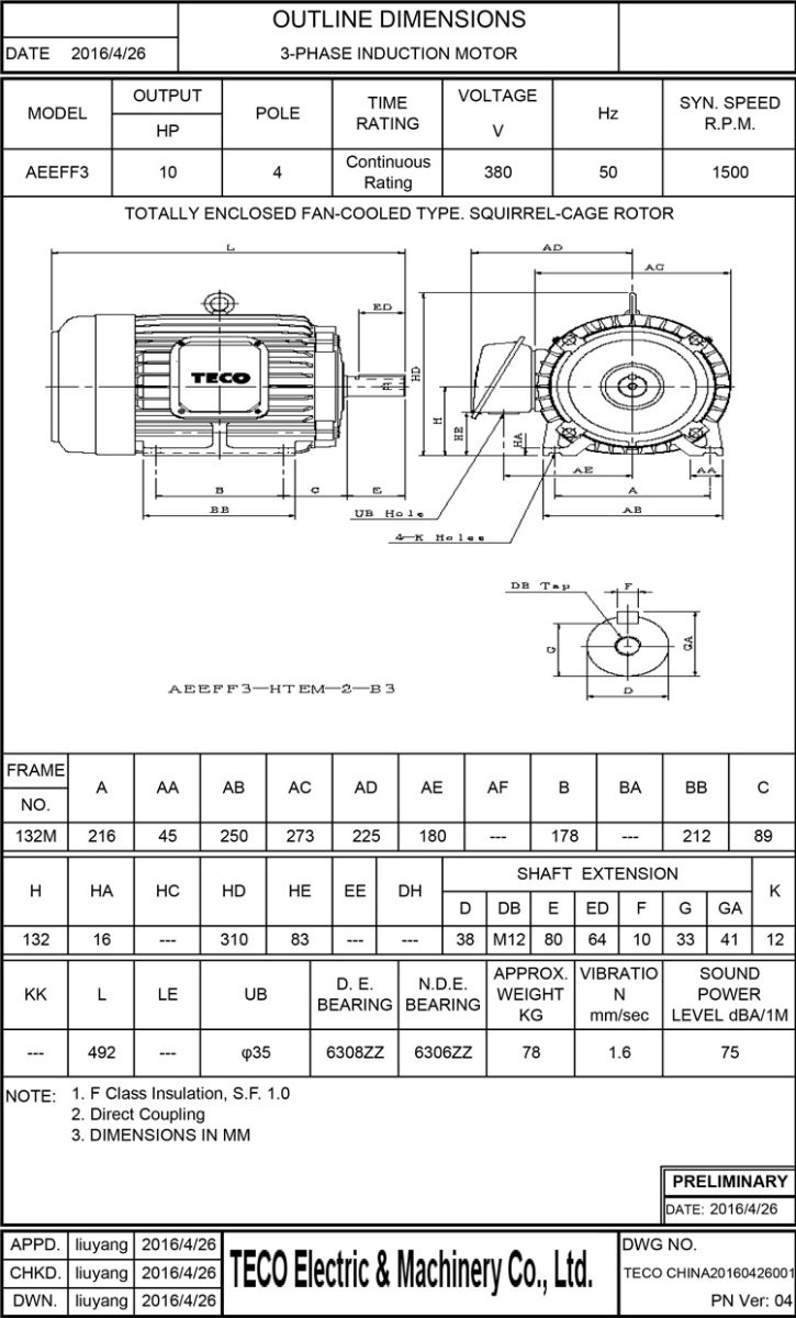 东元电机AEEF 7.5KW 4P图纸