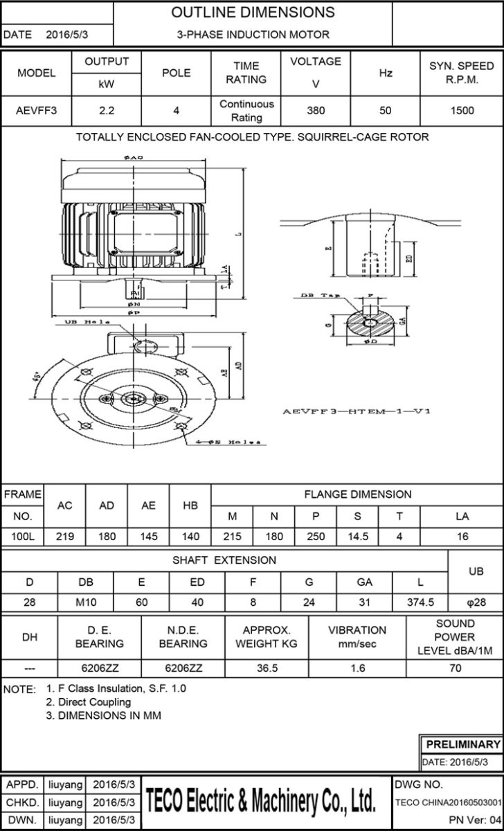 东元电机AEVF 2.2KW 4P尺寸图