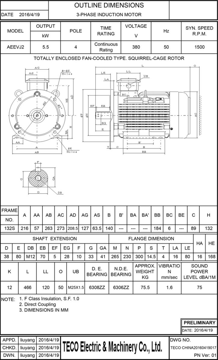 东元节能电机5.5KW 4P 卧式尺寸图