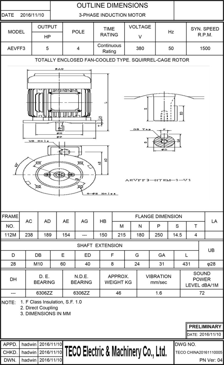 东元AEVF 3.7KW 4P电机尺寸图