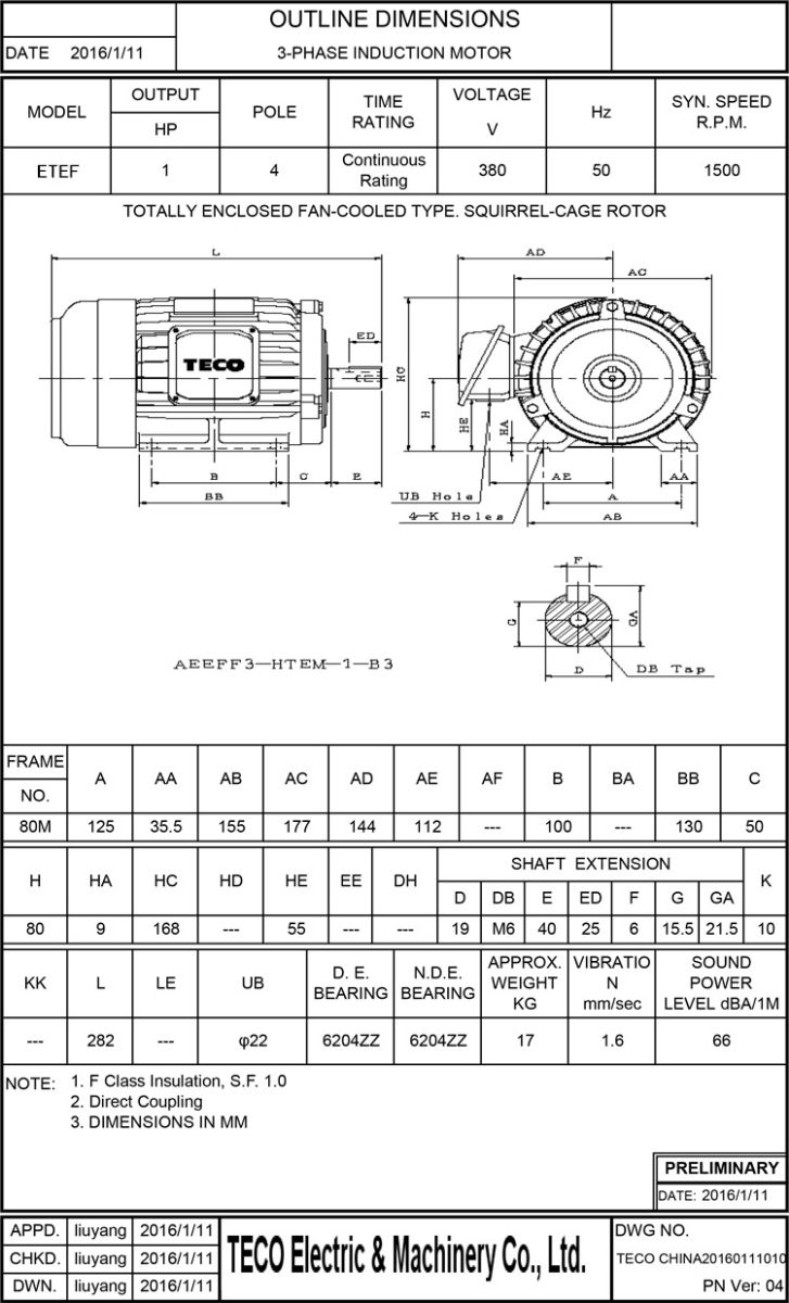 东元1HP 4P 卧式刹车电机尺寸图