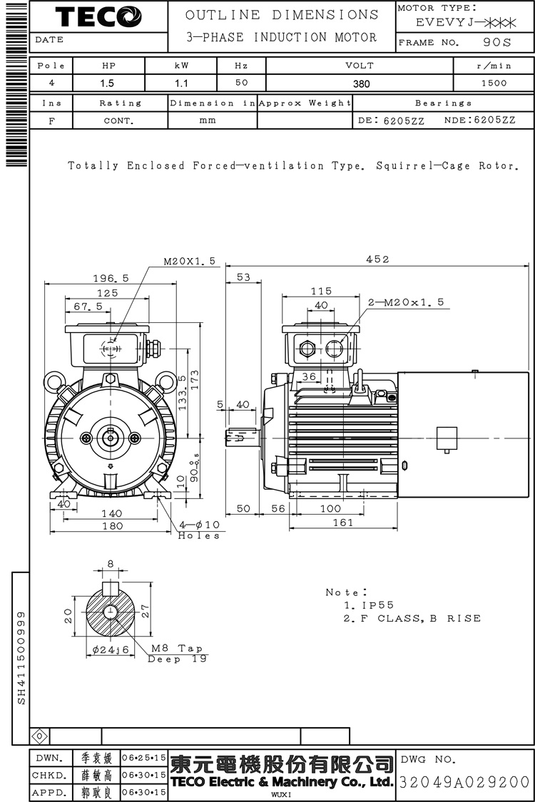 东元1.1KW 4P 卧式变频电机尺寸图