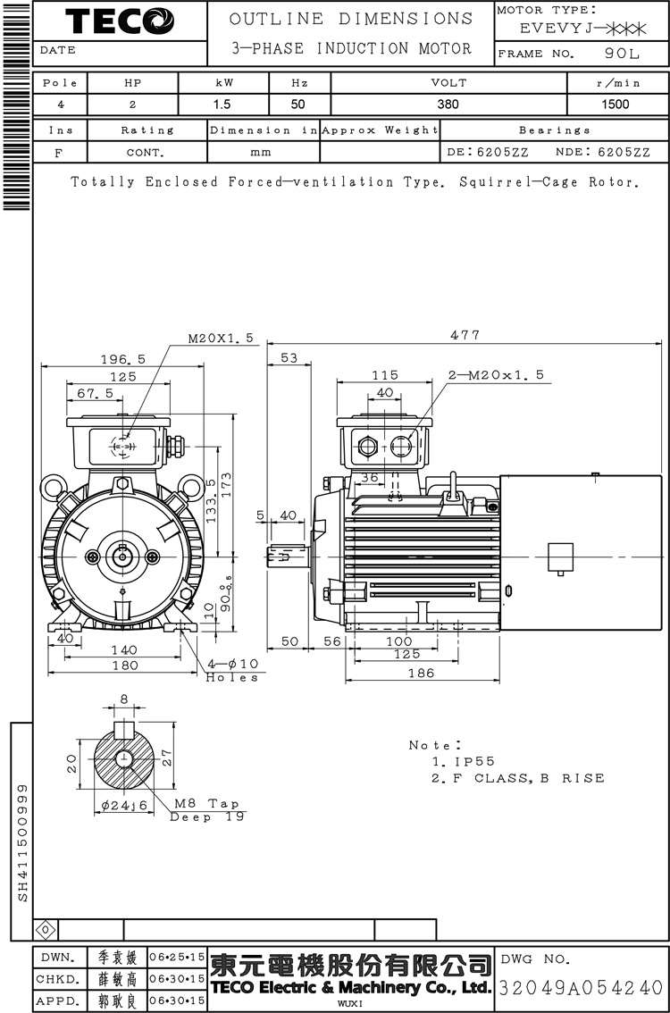 东元1.5KW 4P 卧式变频电机尺寸图